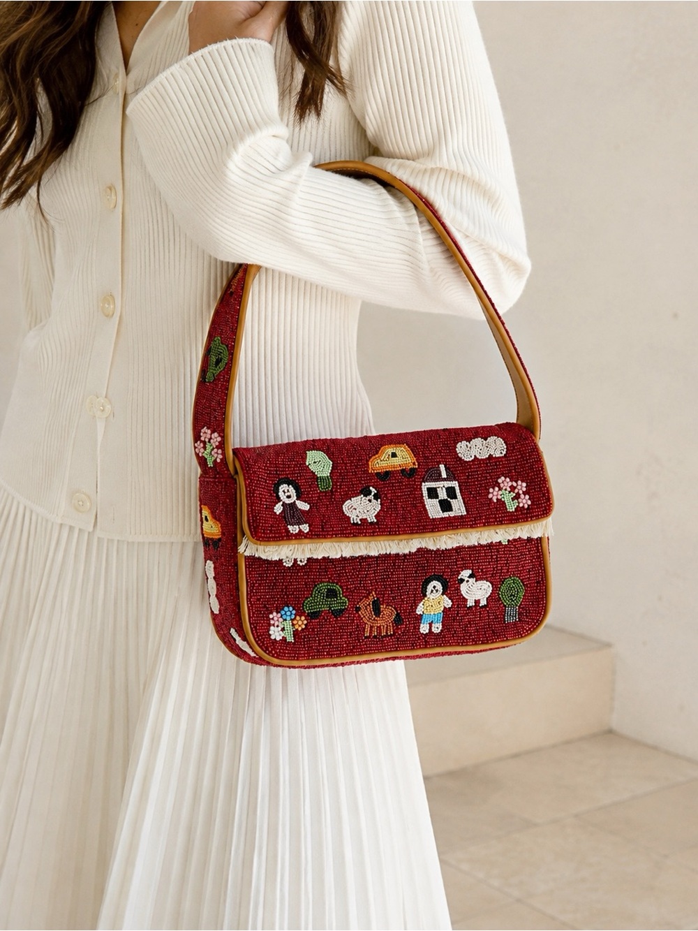 NWT STAUD Tommy Beaded Shoulder Bag in Folk town Deep Red Multi